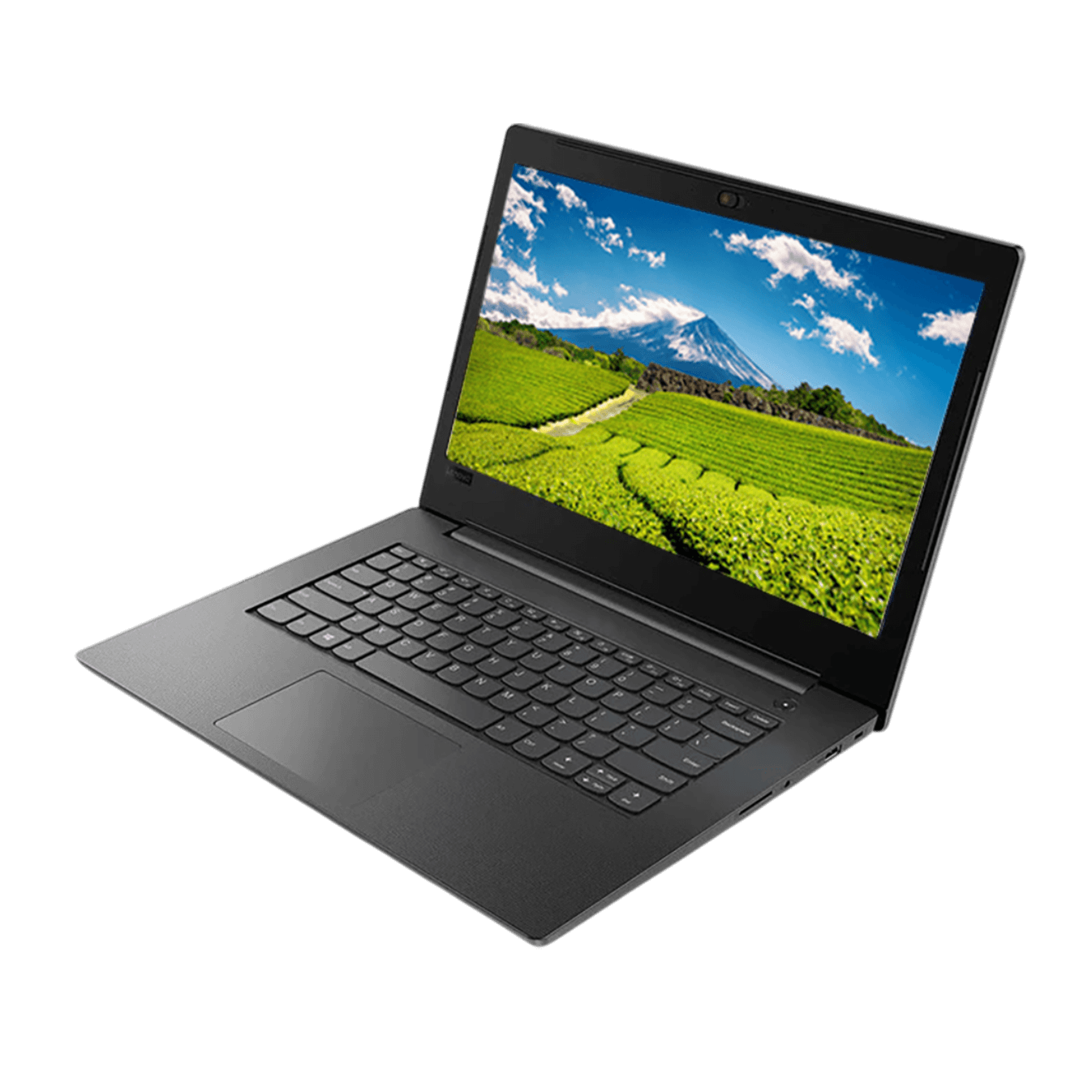 Lenovo ThinkPad V14 refurbished laptop with 14-inch display, showcasing green landscape on screen.