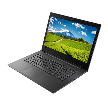 Lenovo ThinkPad V14 refurbished laptop with 14-inch display, showcasing green landscape on screen.