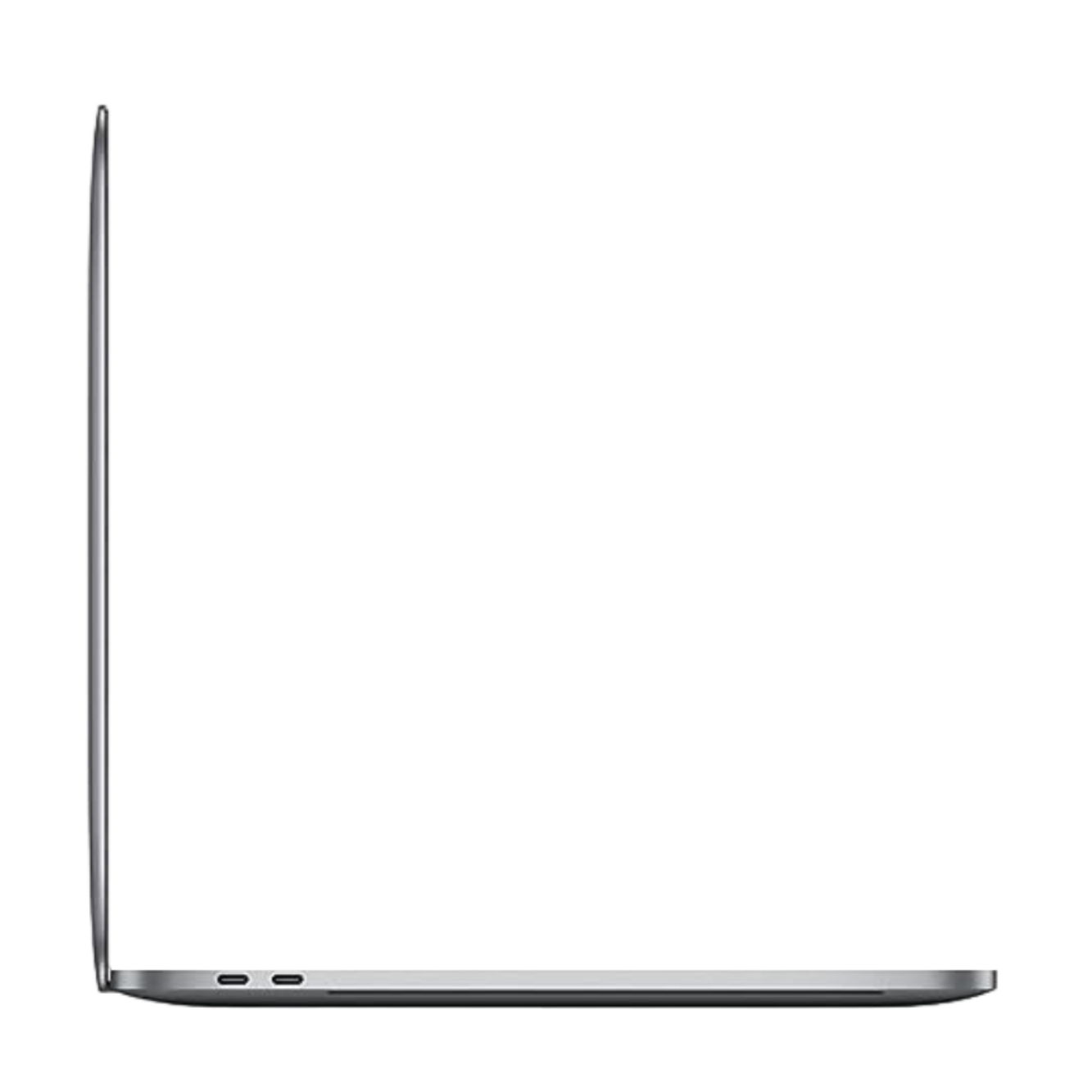 Refurbished Apple MacBook Pro A1989 side view showcasing sleek design and Thunderbolt 3 ports.