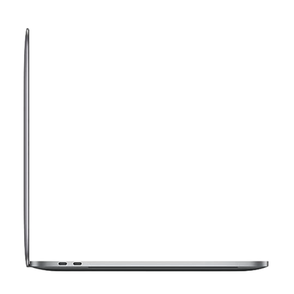 Refurbished Apple MacBook Pro A1989 side view showcasing sleek design and Thunderbolt 3 ports.