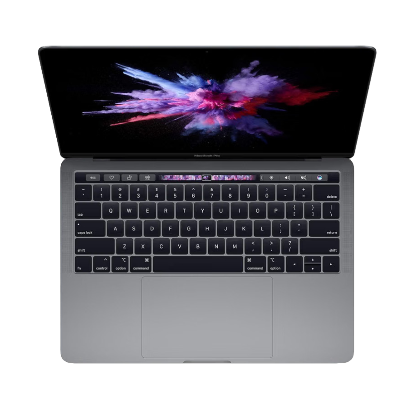 Refurbished Apple MacBook Pro A1989 with Touch Bar and Thunderbolt 3 ports, top view of keyboard and display.