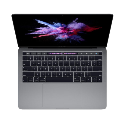 Refurbished Apple MacBook Pro A1989 with Touch Bar and Thunderbolt 3 ports, top view of keyboard and display.